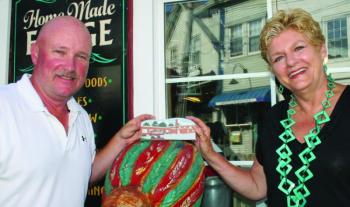 At right is Health and Wellness foundation member Jane B. Good. At left is Mark Gimbel. KEVIN BURNHAM/Boothbay Register