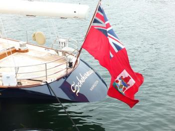 The stern of the ‘Scehereazade’ flies the flag of the Cayman Islands, where the sailboat ports in the winter. RYAN LEIGHTON/Boothbay Register