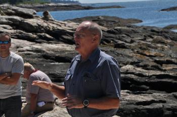 Bud Brown, Eco Analysts president, talks with Pratts Island residents about a proposed dredging project. BEN BULKELEY/Boothbay Register