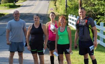 Tough mudders, left to right: Jason Nein, Ellen McFarland, Jenny Mitkus, Karen Colby and Jared Mitkus before the start. Courtesy of John Mitkus
