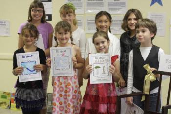 These young authors shared their writing at the Author's Tea party on Friday. Pictured from left, back: Maria West, Ella Cloutier, Vanessa Albert, Haley Downs; front: Sylvia Lee, Julia Truesdell, Gracie Greene, Oscar Martin. Courtesy of Tanya Albert and Lisa Truesdell