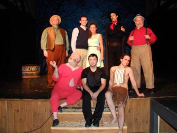 The cast of "The Fantasticks” at the Boothbay Playhouse, front, left: Joe McGrann, Nick Mirabile, Cole Domeyer; back from left, Dan True, Roger Reed, Devin Domeyer, Nicholas Carroll and Nick Azzaretti. LISA KRISTOFF/Boothbay Register