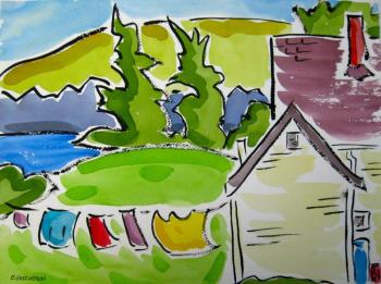 “Trailing Yew Laundry Line, Monhegan,” by Ellen Hutcheson, on display at the Damariscotta River Grill through September 15.