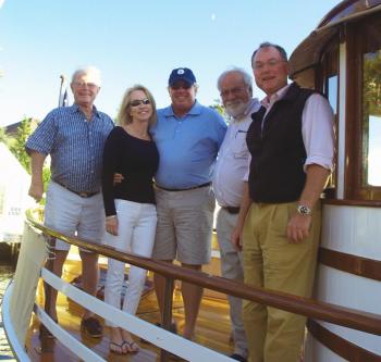 From left to right: Host George McEvoy, Giselaine Coulombe, Paul G. Coulombe, Museum Director Bob Ryan, museum board member Jerry Maben. Courtesy of Boothbay Railway Village