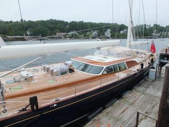 A crew member on the ‘Scehereazade’ prepares for the first day of the Shipyard Cup in Boothbay Harbor. RYAN LEIGHTON/Boothbay Register