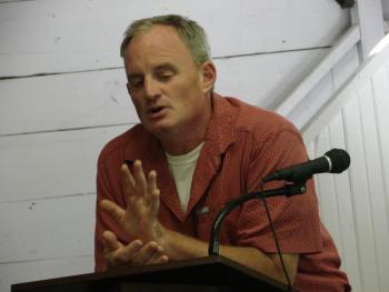 Maine Department of Conservation historian Thomas Desjardin addresses a Wiscasset audience August 4. SUSAN JOHNS/Wiscasset Newspaper