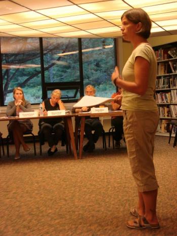Wiscasset High School Principal Deb Taylor tells the school district board about an international student exchange program at the board's August 8 meeting in the high school library. Board members who spoke were enthusiastic about the idea. SUSAN JOHNS/Wiscasset Newspaper