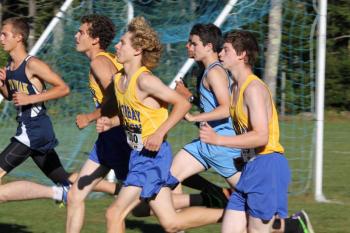Left to right, Matt Burnham, Joey Paolillo and Kyler Carty began the 2013 cross country season with strong races. SUE MELLO/Boothbay Register