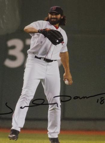 A 8.5 by 11-inch color photo autographed by former Red Sox slugger Johnny Damon will be featured at the sports auction. RYAN LEIGHTON/Boothbay Register