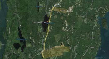 A drawing representing the proposed  Boothbay Village and Industrial Park TIF  district consisting of the golf course, the Boothbay common and the properties running north along the Route 27 corridor, including Boothbay's industrial park. Courtesy of Jim Chaousis, Google Earth