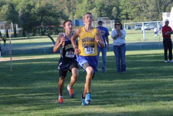 Seahawk Benn Scully was the fastest man on two legs at Friday’s meet at Medomak Valley and he might have finished first if he had considered flying. Scully was bested at the finish line when Medomak’s runner dove across the line. SUE MELLO/Boothbay Register.