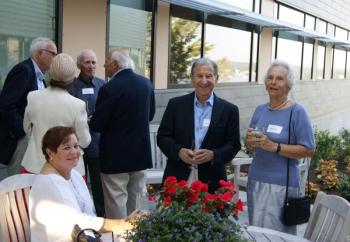 Lyn Lerner, seated at left, Dan Lerner, middle, and Helen Norton, right, enjoy the new patio at the reception for board members of the Coastal Maine Botanical Gardens and Bigelow Laboratory. Courtesy of Fran Scannell, Bigelow Lab