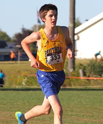 Senior Jack Hasch smashed his prior PR on Saturday with a 18:01 finish and fourth place among BRHS runners. SUE MELLO/Boothbay Register