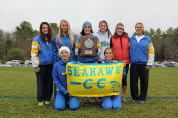 2013 Western Regional runners-up. The BRHS girls team placed second in a field of 12 teams and 88 runners. From left to right, front, Hannah Morley and Kate Friant; back, Tori Schmid, Morgan Crocker, Sophia Thayer, Shaw Pinkham, Coach Lauren Forgues, and Brooke Alley. SUE MELLO/Boothbay Register