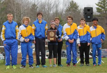 2013 Western Regional Champions. The BRHS boys blew away the field of 14 teams and 97 runners at Twin Brooks on Saturday; BRHS beat its nearest competitor by 50 points. Left to right, Benn Scully, Joey Paolillo, Jack Hasch, Coach Lauren Forgues, Robert Campbell, Matt Burnham, Kyler Carty and Kyle Alamo. SUE MELLO/Boothbay Register