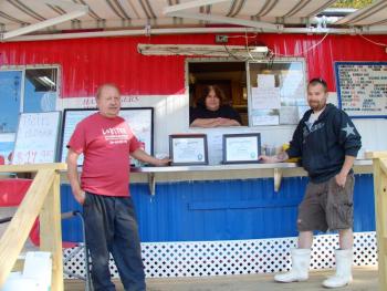 Karen’s Hideaway won Boothbay’s best hamburger and best lobster roll contest. From left are Garry Blackman Sr., Karen Blackman and Aaron Blackman. 