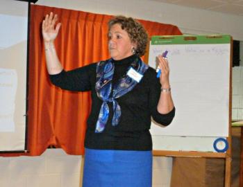 Jane Lafleur leads the entire group in discussion. KATRINA CLARK/Boothbay Register