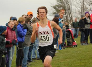 Boothbay’s Matt Malcom finished first for North Yarmouth Academy and third overall at 17:15. SUE MELLO/Boothbay Register