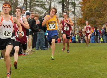 Determination showing in his face, Burnham fought his way to the finish line, leaving other runners in his wake. He finished 16th at 18:48 and fifth for BRHS. SUE MELLO/Boothbay Register