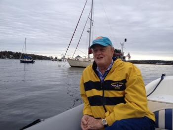Jerry Smith, the producer and director of “Getting Away Together” rides the chase boat out of Boothbay Harbor. RYAN LEIGHTON/Boothbay Register