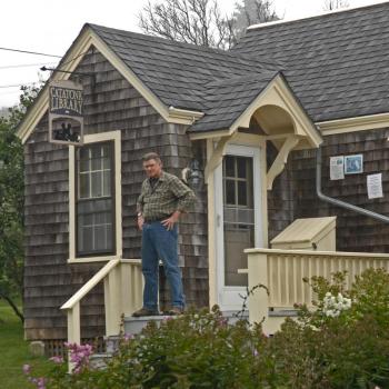 ACTOR TREAT WILLIAMS outside the "Catatonk" (Monhegan) Library. Thomas Hurd © 2013 Catatonk Blues, Inc.” 