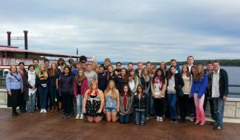 Boothbay Region High School students and their German partners, along with teachers and chaperones, gather for a group photo during one of their field trips. Courtesy of Taras M. Schkrioba Jr.
