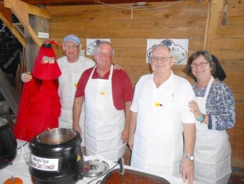 Whalers galore: Taking 1st Place Chowder for both Judges & Peoples Award are, from left, Jamie North (lobster), Murray Keene, Peter Frost, Jack Cogswell and Diane Davis representing Whale’s Tale at the Chili & Chowder Contest. GARY DOW/Boothbay Register