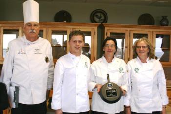 Gary Sheldon, Corporate Executive Chef, Sysco NNE, left, poses with the second place winner Lincoln Home team of Daniel Bailey, cook, Julie Adams, chef, and Linda Allen, cook at the fourth annual Mike McNeil Scholarship Fund Culinary Challenge at Southern Maine Community College. Courtesy of Nadine Grosso Gary Sheldon, Corporate Executive Chef, Sysco NNE (left) poses with the second place winner Lincoln Home team of Daniel Bailey, cook, Julie Adams, chef, and Linda Allen, cook at the fourth annual Mike McNeil Scholarship Fund Culinary Challenge at Southern Maine Community College. Courtesy of Nadine Grosso