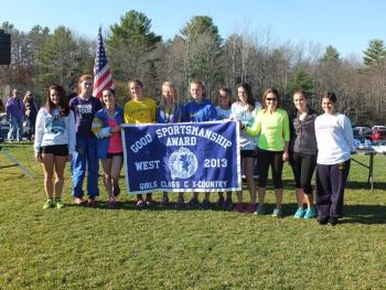 Lady Seahawks cross country won the Western Maine Class C Good Sportsmanship Award. From left Tori Schmid, Tori Rackcliff, Sophia Thayer, Kate Friant, Morgan Crocker, Hannah Morley, Brooke Alley, Shaw Pinkham, Coach Lauren Forgues, Ashley Reed, Genevieve Taylor. RYAN LEIGHTON/Boothbay Register