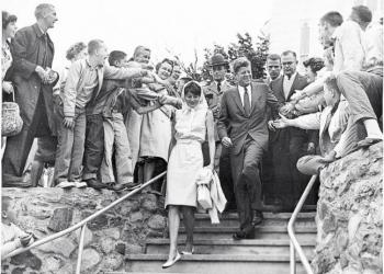 President John F. Kennedy and his sister, Patricia Kennedy Lawford, thronged by well-wishers as he leaves the 10 a.m. Sunday mass at Our Lady Queen of Peace in Boothbay Harbor on Aug. 12, 1962. Kennedy was the first president to visit Boothbay Harbor. Courtesy of Tom Carbone Archives