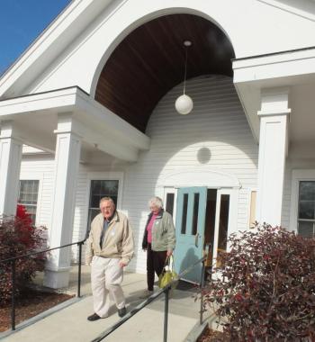 Voters exit the the Boothbay Town Office. RYAN LEIGHTON/Boothbay Register