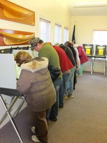 The voting booths were pretty well packed by 10:30 a.m. By then, over 430 ballots were cast. RYAN LEIGTON/Boothbay Register