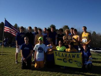 The Boothbay boys state champions. Front row left Trystan Mercier, Grant Giles, Sam Betts, Coach Lauren Forgues, Karl Alamo, Noah Sherburne. Back row left, Coach Nick Scott, Kyle Wilson, Shane Johnson, Kyler Carty, David Machon, Kyle Alamo, Brad Drummond, Matt Burnham, Joey Paloilio, Jack Hasch, Robert Campbell and Benn Scully. RYAN LEIGHTON/Boothbay Register 