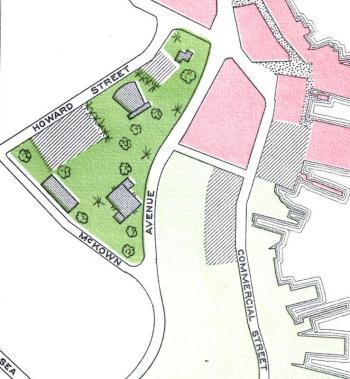 This 1961 section of the Sewall consultants' plan shows the 3 1/4-acre parcel bounded by McKown Street and Howard Street as they envisioned it if their suggestions were enacted. Municipal buildings were to share space with parking and a park on a lot which ascended steep McKown Hill and was to be enlarged by discontinuing Todd Avenue. It would have necessitated buying many private lots and demolishing buildings. This 1961 section of the Sewall consultants' plan shows the 3 1/4-acre parcel bounded by McKown Street and Howard Street as they envisioned it if their suggestions were enacted. Municipal buildings were to share space with parking and a park on a lot which ascended steep McKown Hill and was to be enlarged by discontinuing Todd Avenue. It would have necessitated buying many private lots and demolishing buildings.