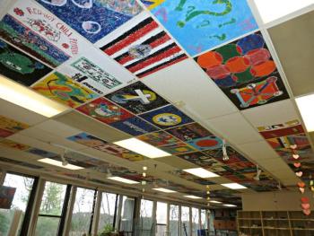 Rows of painted tiles in the art room at Boothbay Region Elementary School. KATRINA CLARK/Boothbay Register