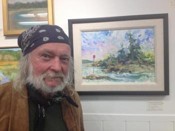 ARTIST BOB ROSE and oil painting, “Day Marker, Damariscotta River.” LISA KRISTOFF/Boothbay Register