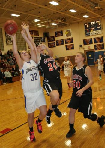 Freshman Cagney O’Brien gets fouled early in the scrimmage against Gardiner on Monday. KEVIN BURNHAM/Boothbay Register