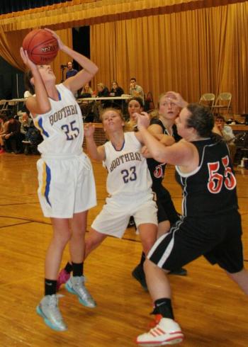 Freshman Nicole Clarke goes up for a shot against Gardiner. KEVIN BURNHAM/Boothbay Register Clarke