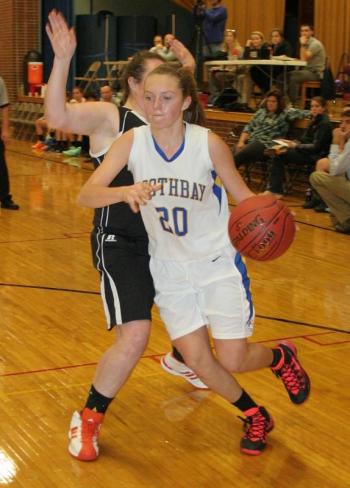 Hannah Morley, a sophomore, gets a step on a drive to the basket in Monday’s scrimmage at home against Gardiner. KEVIN BURNHAM/Boothbay Register Morley