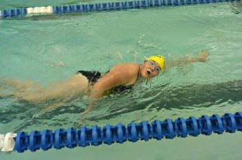 Seahawk Chelsea Graves takes a breath during the girls 200-yard medley relay. KATRINA CLARK/Boothbay Register