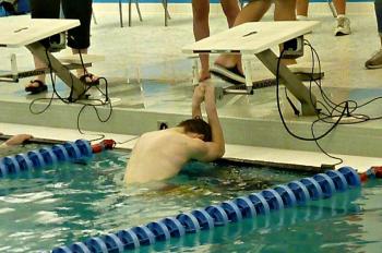 Austin Crocker gives it all he has to take the win in the boys 200-yard freestyle with a time of 2:10.00. KATRINA CLARK/Boothbay Register