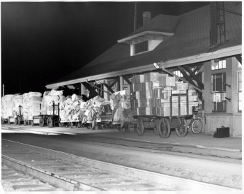 Photo shared with the Boothbay Railway Museum in 1966 from L.L.Bean’s archives. The image was taken on September 30, 1955 and shows carts loaded with L.L.Bean goods ready to travel by train.