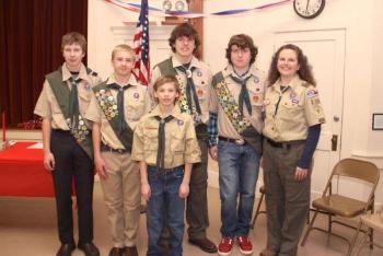 Troop 238 hosted Sherman Brewer’s Eagle Scout ceremony on Saturday, Jan. 18 at the Southport Town Hall. Parker Elkins served as the master of ceremonies and did a wonderful job. Representatives were present from the Kennebec Valley Eagle Scout Board of Review, Senator Susan Collins Office and the Marine Corp. As well, Sherman was presented with an American flag that flew over the US Capitol in Washington D.C. on the day he earned the rank of Eagle Scout, October 30, 2013, and two scrapbooks of congratulations from the five living presidents of the United States, congressmen, selectmen, the Queen of England and various celebrities including Clint Eastwood, Tom Selleck, Jane Goodall, Mike Rowe from “Dirty Jobs” (also an Eagle Scout), and the crew of the Time Bandit from TV’s “Deadliest Catch.” A good time was had by all. Pictured from left are Parker Elkins, Draco Peaslee, Sherman Brewer, Jake Brewer, Scoutmaster Sarah Sherman; front: Ethan Barter. Courtesy of Leisha MacDougall