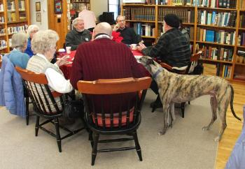 THE COFFEE CLATCH, which includes a “highly intelligent dog” named Sam, meets Tuesdays and Thursdays to drink coffee, eat goodies and solve world problems. SUZI THAYER/Boothbay Register