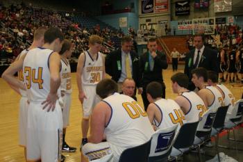 Seahawk coach I.J. Pinkham tries to rally his players during a timeout in the second half of Monday’s tournament game against Hall-Dale. KEVIN BURNHAM/Boothbay Register Pinkham