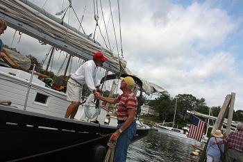Capt. Owen Dorr, on deck of the “Nathaniel Bowditch” during the start of the 2013 Camden Windjammer Festival. (Photo by Holly S. Edwards)