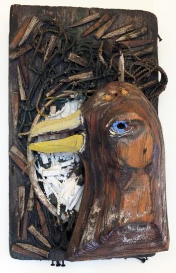 “NIGHT CATCH,” 6.5 by 11 inches, is a painted wood relief that is one of the pieces gifted to Skidompha Library in Damariscotta. SUZI THAYER/Boothbay Register