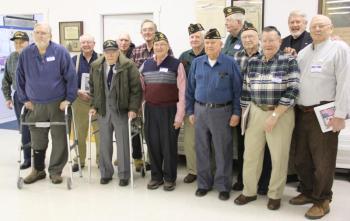 The local Korean War era veterans that attended Monday's dinner at the American Legion Post 36 included, from left, front row: Charles O'Brien, Gene Kelley, Dan Jameson, Harry Pinkham, Paul Adams, Art Richardson, Larry Davis; back: Ed Thibault, Royall Dodge, Charlie Balsdon, Bill Wilson, Duane Ferrante, Palmer Payne and Cy Seifert. Courtesy of Jim Singer veterans