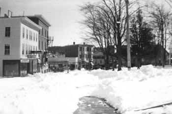 This view of the south ends of Oak Street and Townsend Avenue dates to the aftermath of the mid-February 1952 blizzard. The bank building on the left still is at its original height. Directly down on Townsend, next to the Paine Block, is the old Crockett's "5 & 10," which fit my allowance just fine in the 1950s. Just a corner of the library shows on the right. Courtesy of the Boothbay Region Historical Society
1952