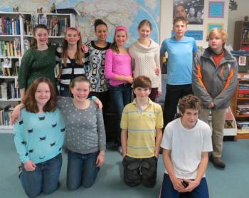 The 2014 Scholastic Writing award winners at the Center for Teaching and Learning are, from left, back row: Sophia Stafford, Maggie Larson, Amelia Genus, Teagan Guenther, Payton Sullivan, Nicholas Miaoulis and Teddy Matel; front row: Sara Powers, Charlotte Collins, Ridgely Kelly and Noah Jordan. Courtesy of Krista Woodbridge students